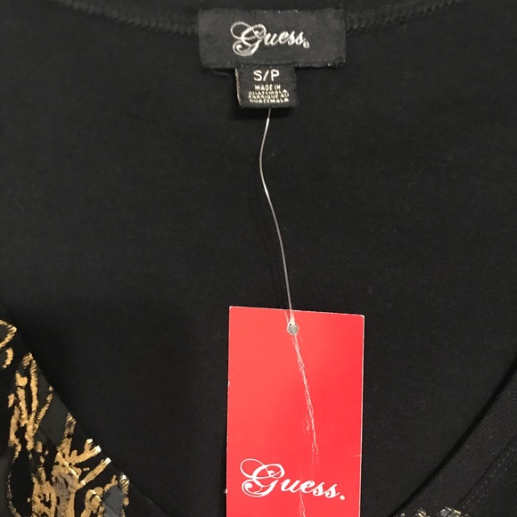 NWT GUESS Black Gold Feather Embellished Tee - S - Picture 5 of 7